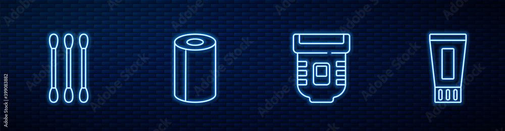 设置线脱毛器、耳用棉签、纸巾卷和牙膏管。闪闪发光的霓虹灯图标