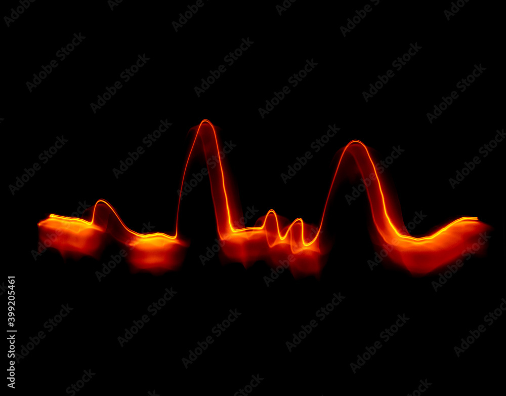 Light wave trail path, vibrant neon gold color in abstract swirls on a black background