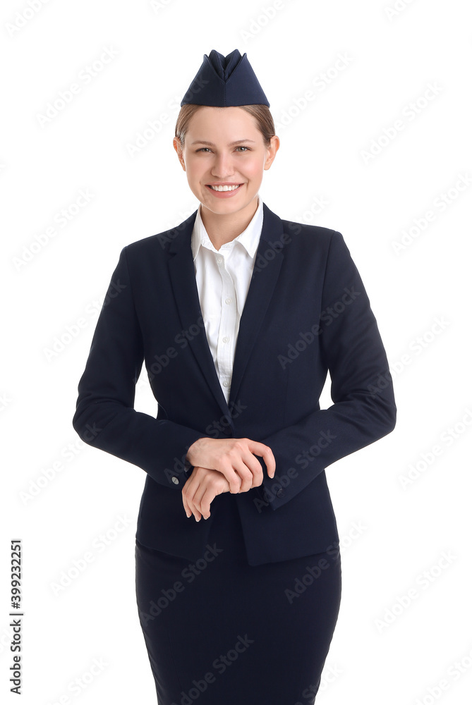 Beautiful stewardess on white background