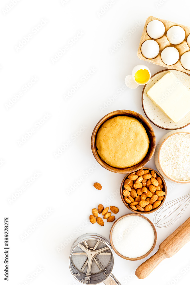 Bakery background. Ingredients and dough for cookies or cake