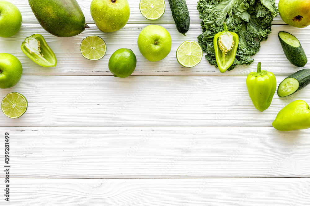 Green vegetables and fruits. Overhead view