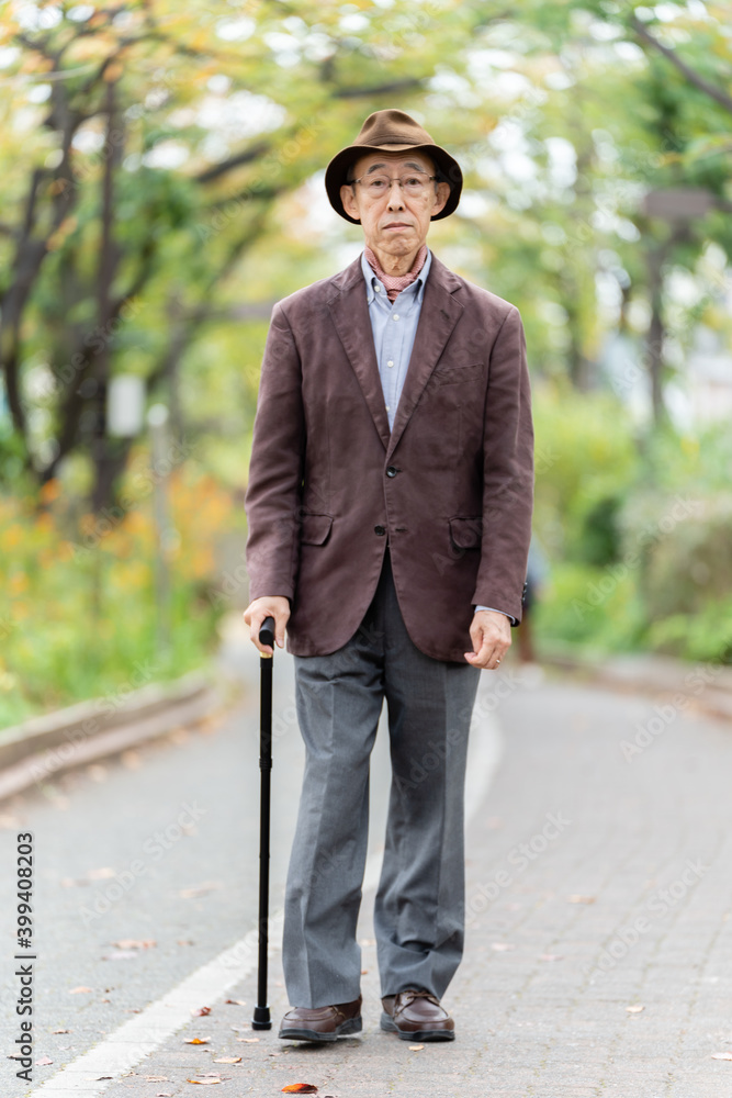 公園を散歩するシニア男性