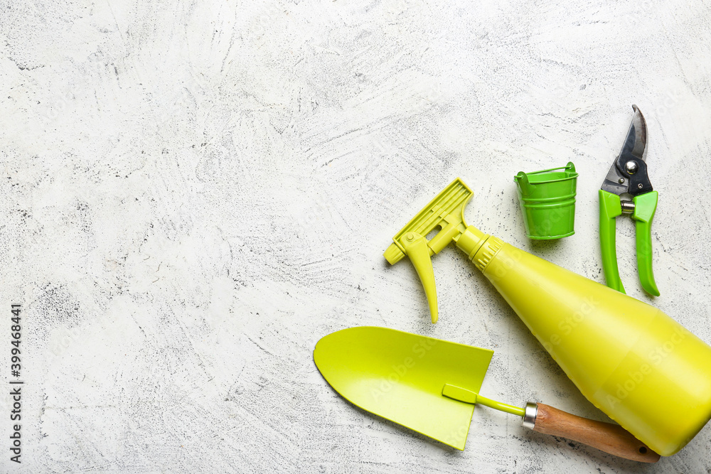 Set of gardening supplies on light background