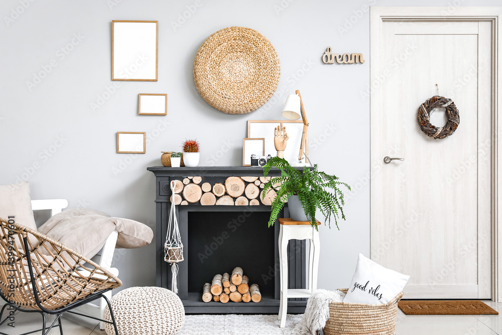 Stylish interior of room with fireplace