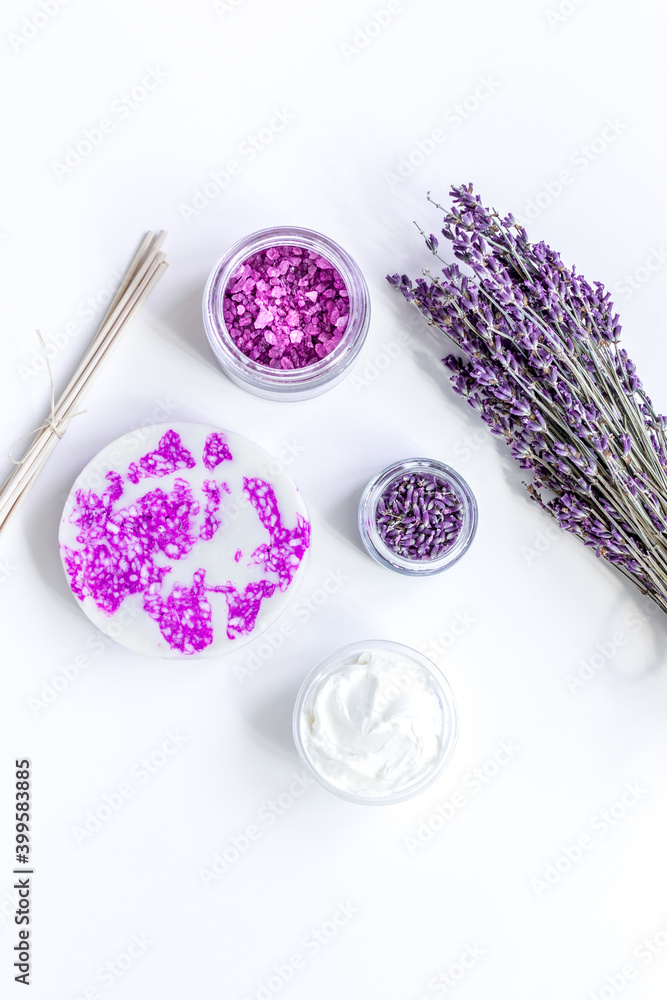 lavender flowers in organic cosmetic set on white background top view mock-up