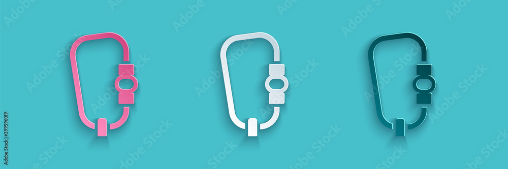 Paper cut Carabiner icon isolated on blue background. Extreme sport. Sport equipment. Paper art styl