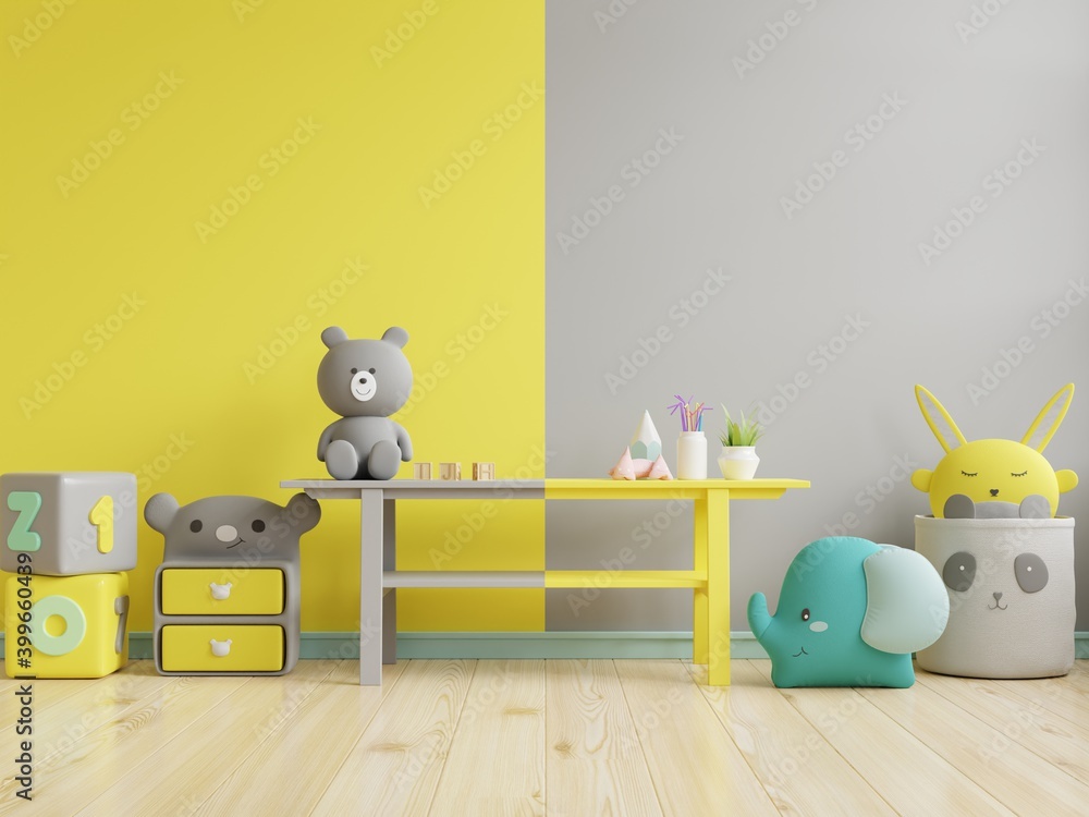 Mockup wall in the childrens room on yellow illuminating and ultimate gray wall background.