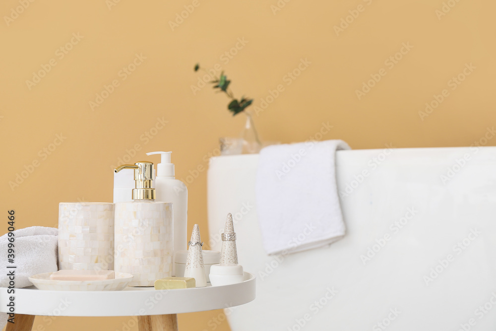 Set of body care cosmetics in bathroom