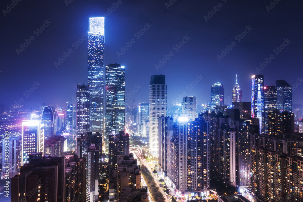 航拍中国现代城市建筑景观夜景