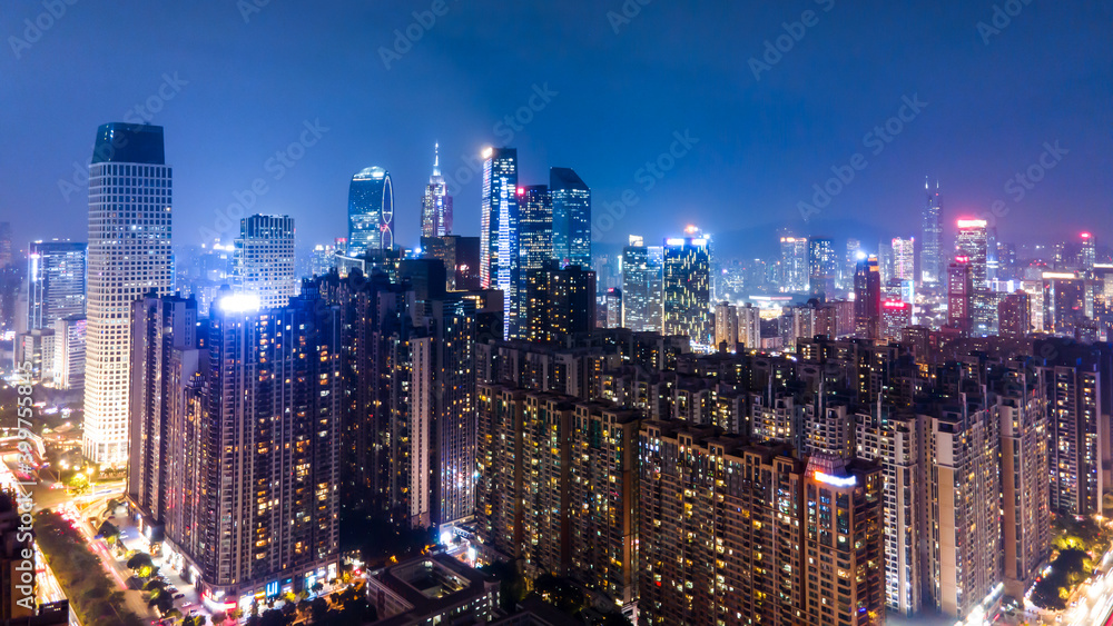 航拍中国现代城市建筑景观夜景