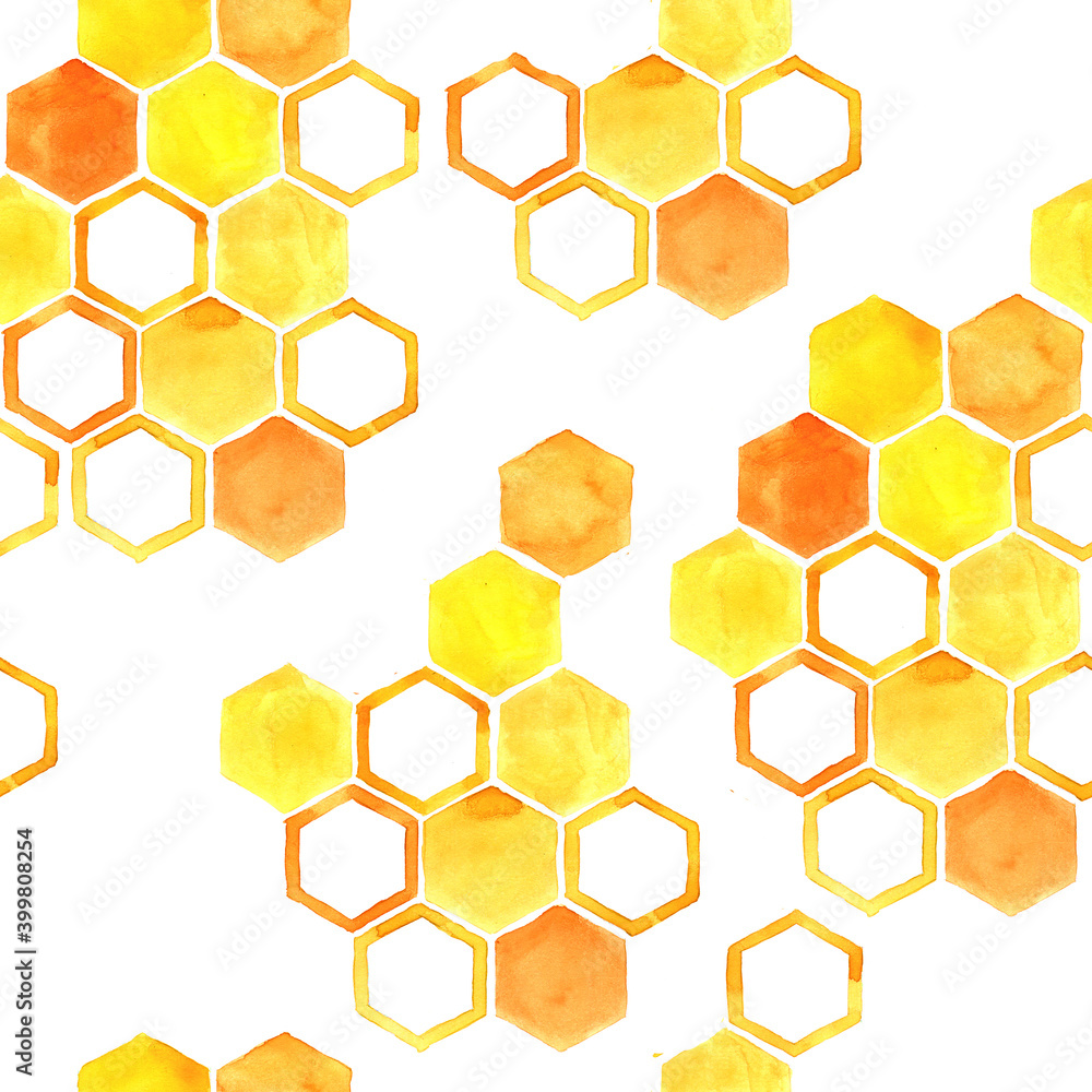 watercolor seamless pattern with yellow honeycombs on a white background. cute print on the theme of