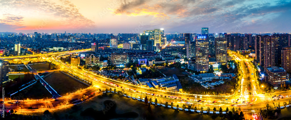 杭州城市现代建筑景观夜景航拍