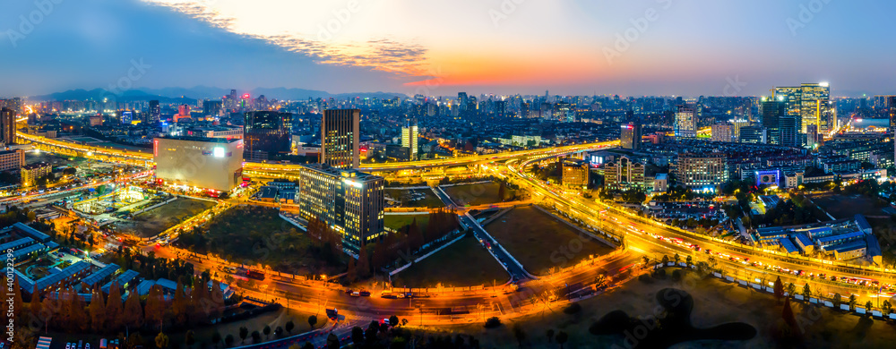 杭州城市现代建筑景观夜景航拍