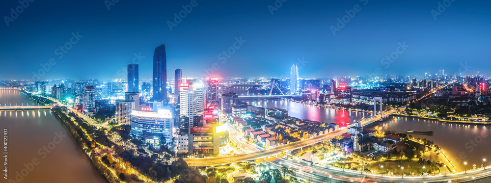 航拍宁波城市建筑景观夜景