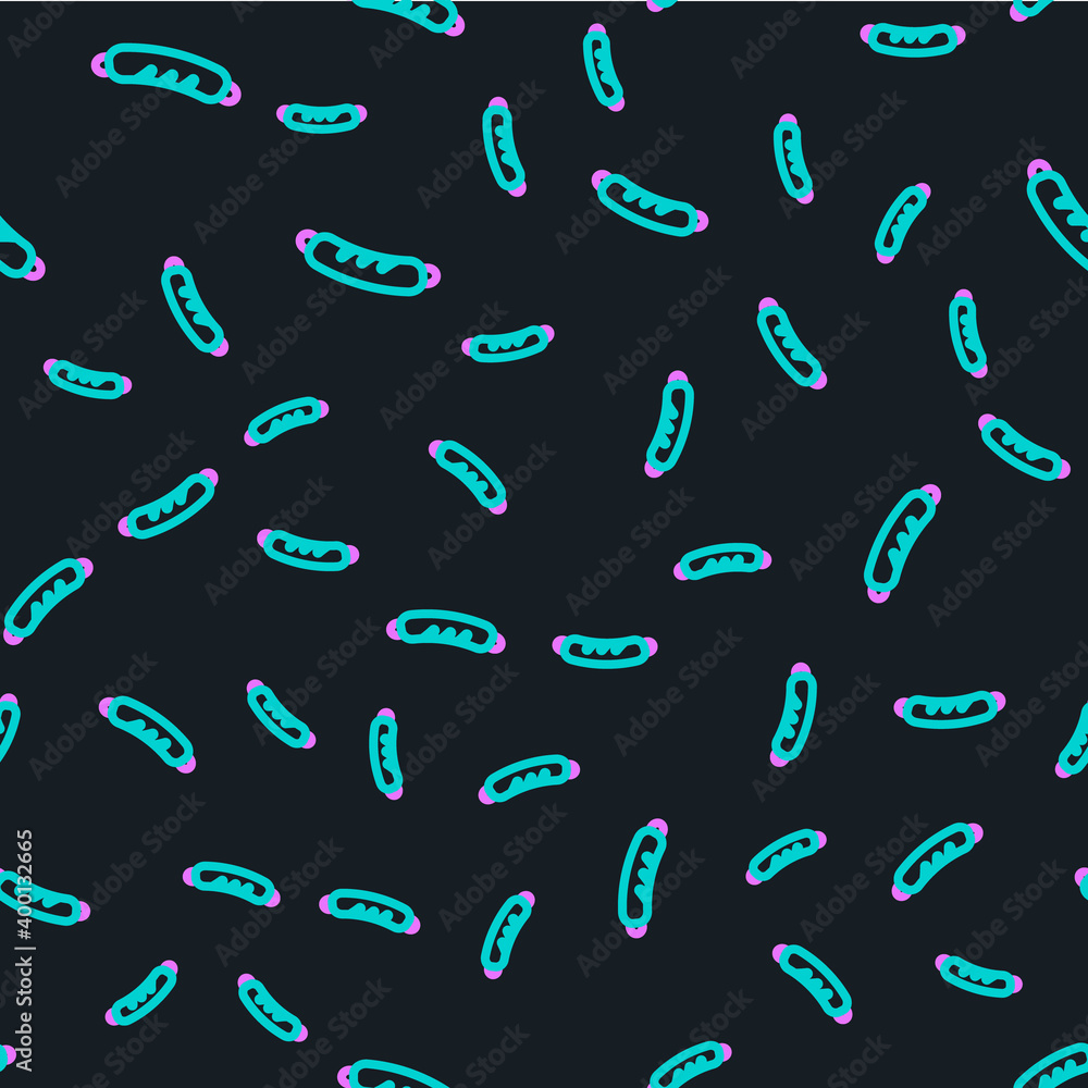 线热狗三明治图标在黑色背景上隔离无缝图案。香肠图标。快餐标志