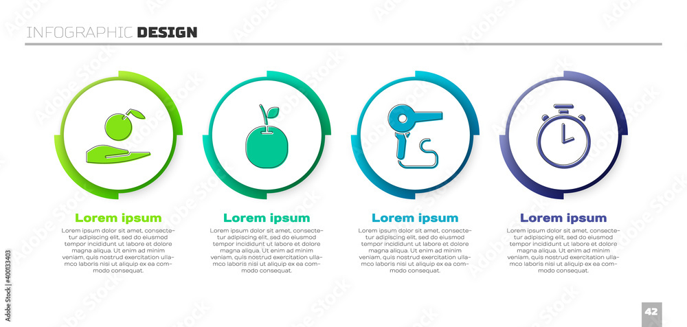 Set Apple in hand, Apple, Hair dryer and Stopwatch. Business infographic template. Vector.