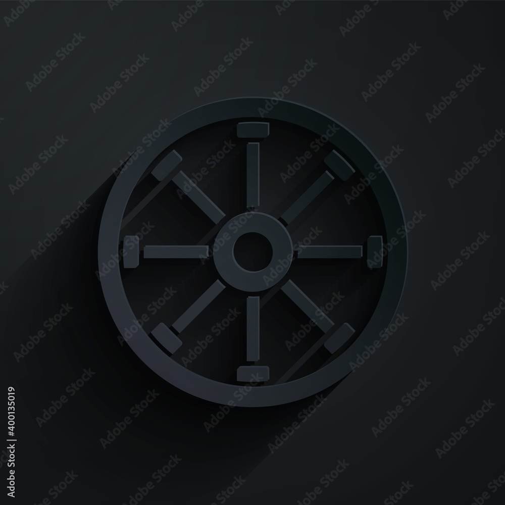 Paper cut Old wooden wheel icon isolated on black background. Paper art style. Vector.