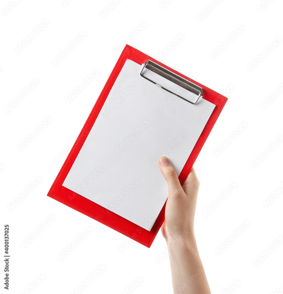 Hand with clipboard on white background