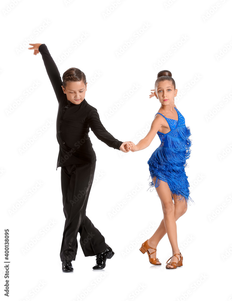 Cute little children dancing against white background