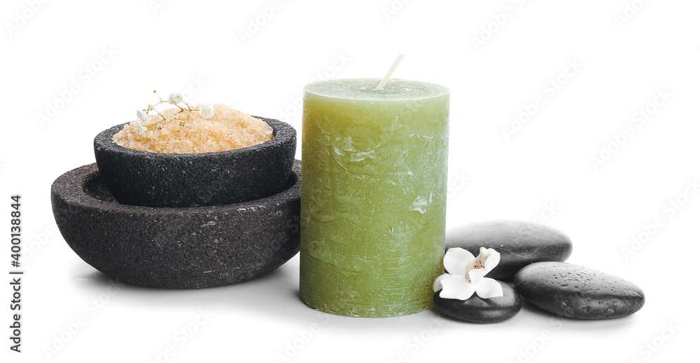 Spa composition with aroma candle on white background