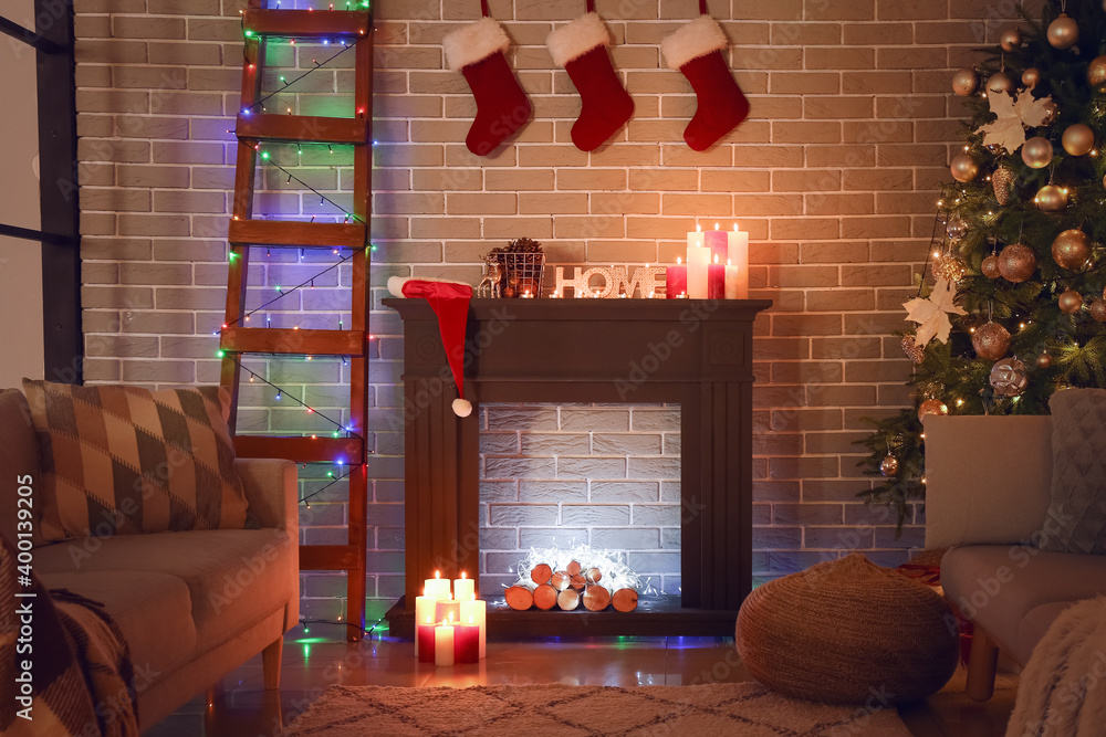 Interior of living room decorated for Christmas