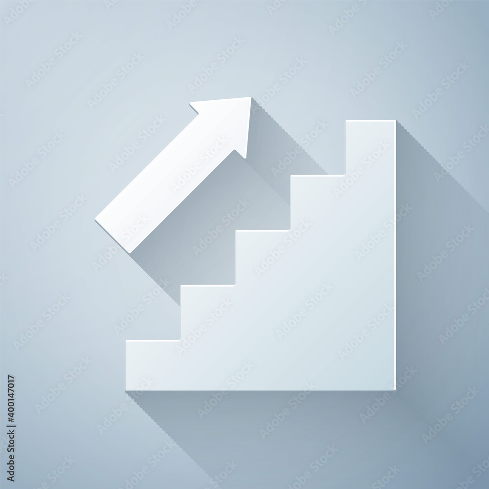 Paper cut Stairs up icon isolated on grey background. Paper art style. Vector.