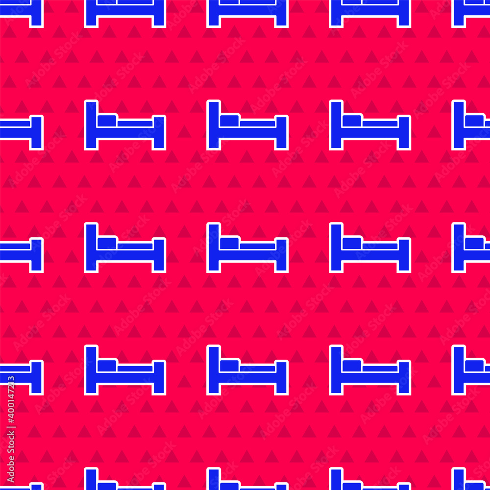 Blue Hotel room bed icon isolated seamless pattern on red background. Vector.