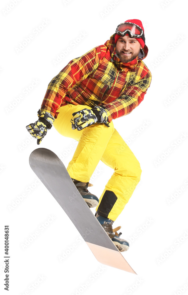 Male snowboarder on white background