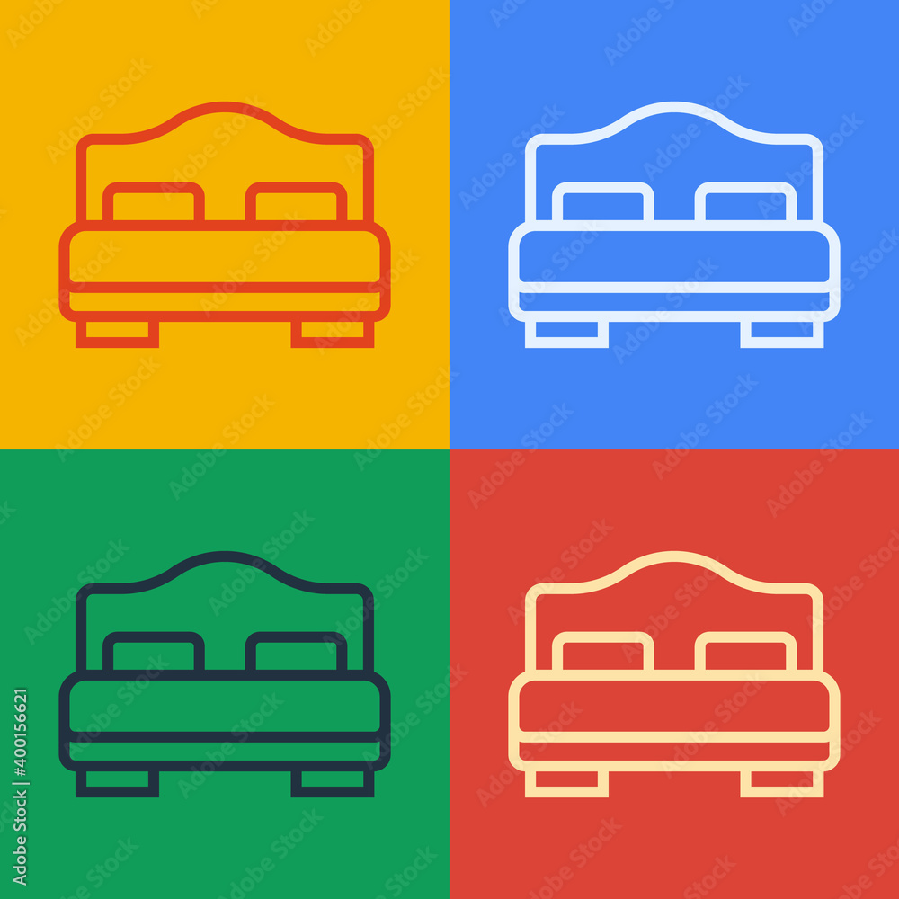 Pop art line Hotel room bed icon isolated on color background. Vector.