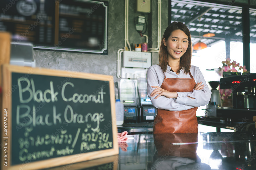 Startup new business, Business owner concept. Portrait of Asian young woman working in coffee shop