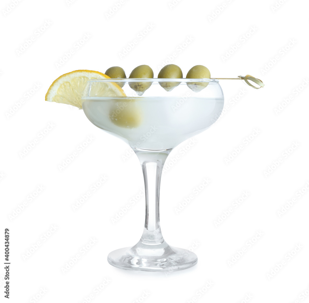 Glass of tasty martini with olives and lemon on white background