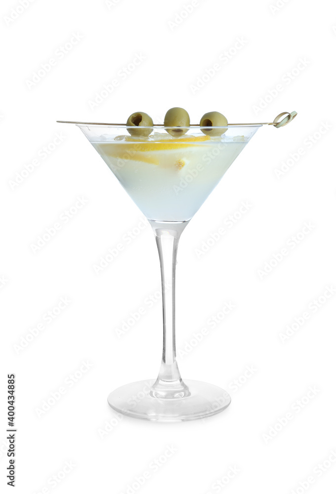 Glass of tasty martini with olives and lemon on white background