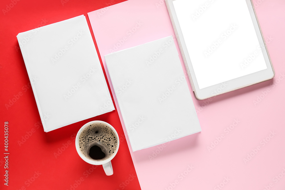 Composition with blank books and tablet computer on color background