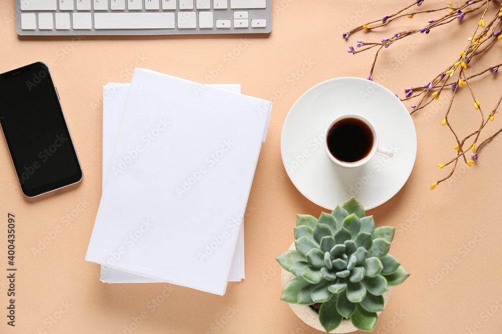 Composition with blank books and mobile phone on color background