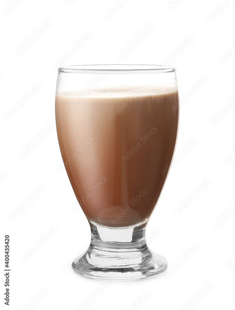 Glass of tasty chocolate milk on white background