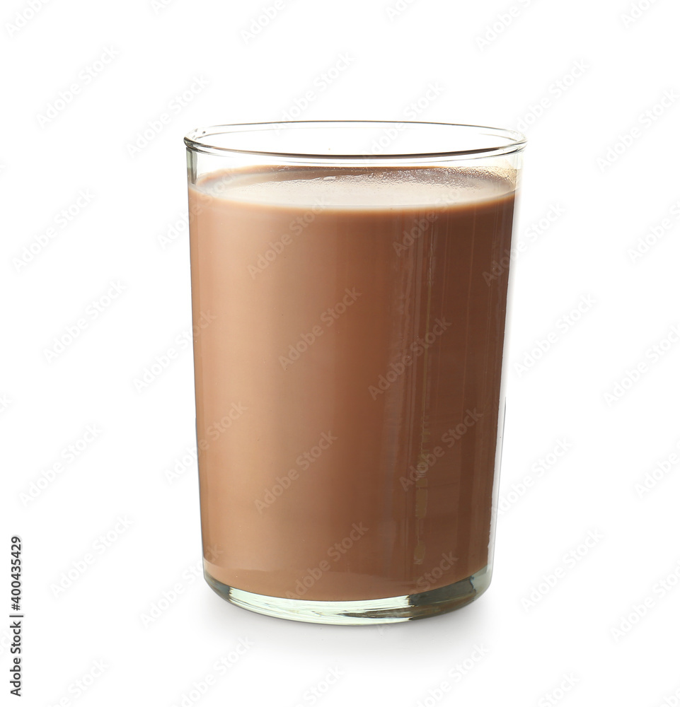 Glass of tasty chocolate milk on white background