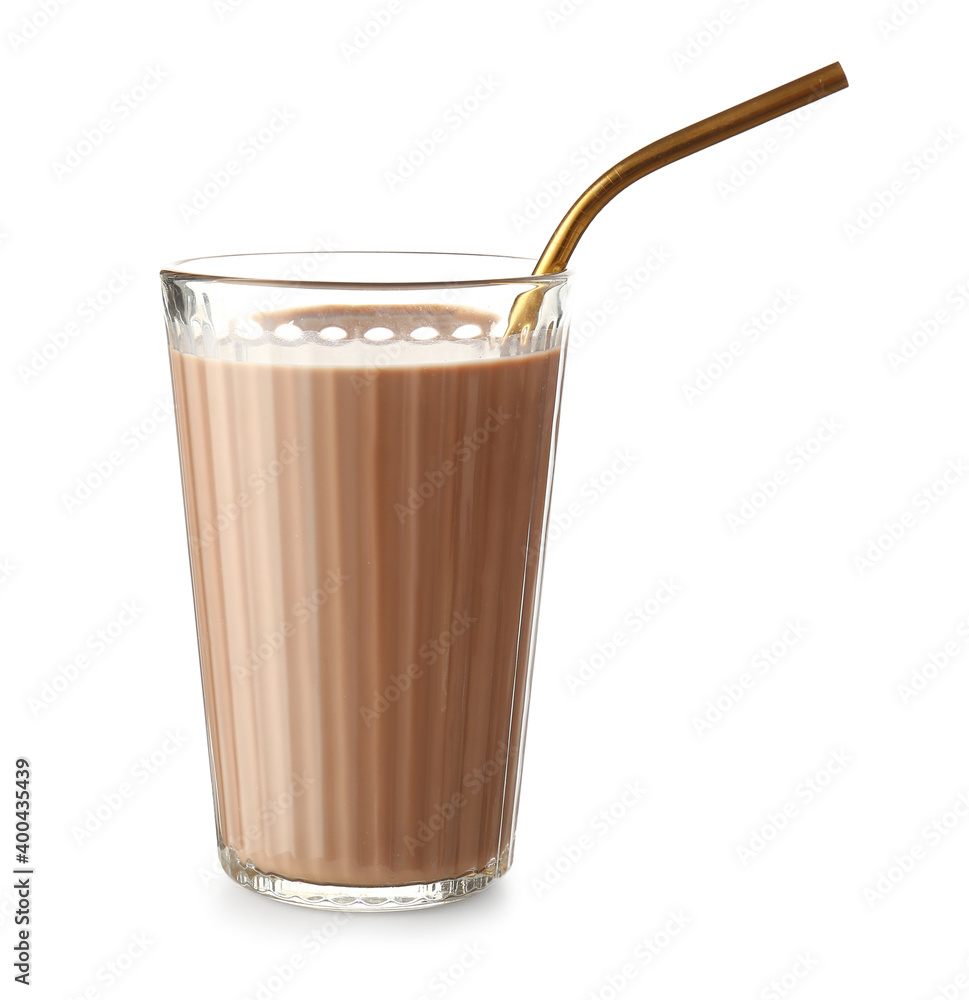 Glass of tasty chocolate milk on white background