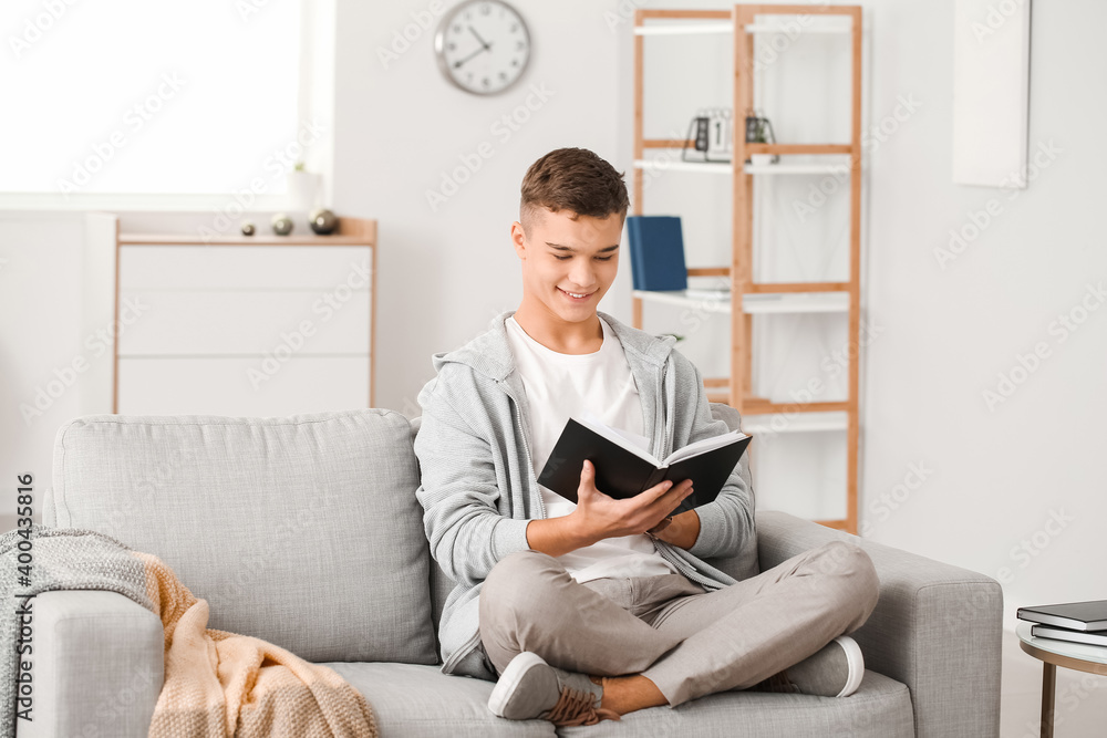 Teenage boy reading book at home