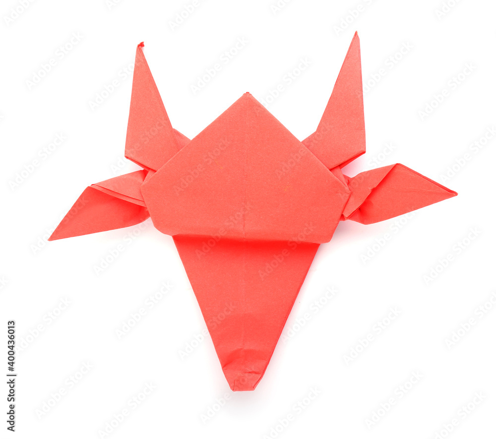 Origami bull as symbol of year 2021 on white background