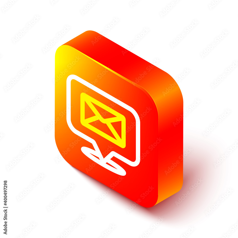 Isometric line Speech bubble with envelope icon isolated on white background. Orange square button. 