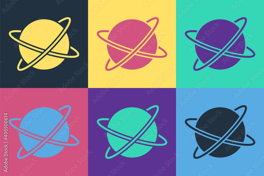 Pop art Artificial satellites orbiting the planet Earth in outer space icon isolated on color backgr