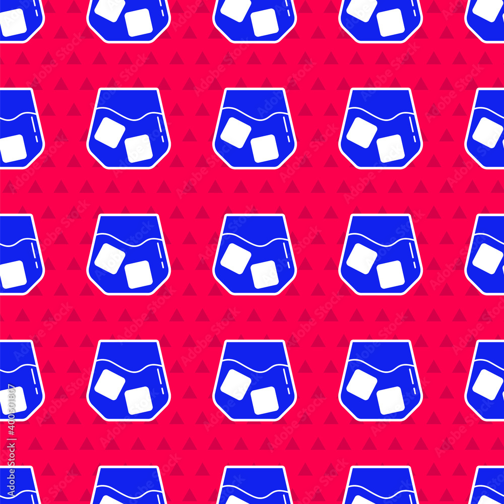 Blue Glass of whiskey and ice cubes icon isolated seamless pattern on red background.  Vector.