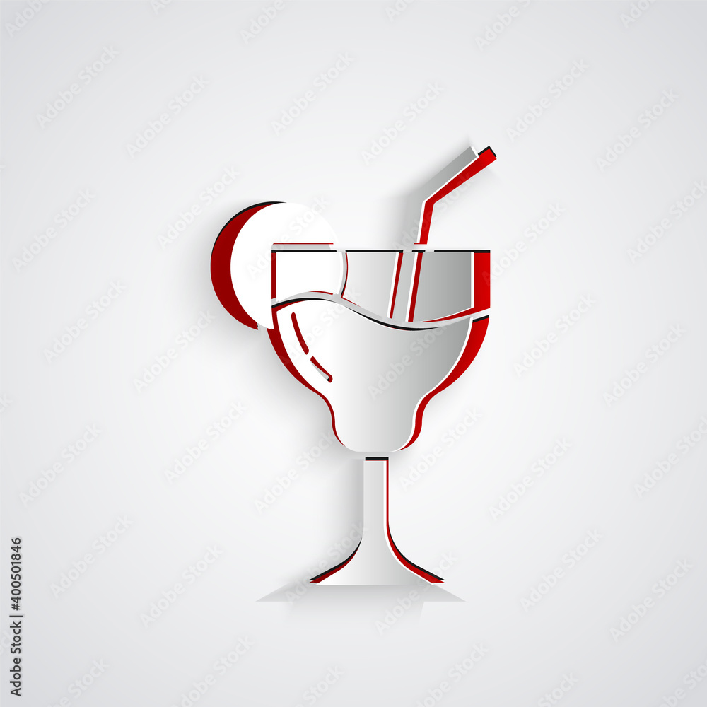 Paper cut Cocktail and alcohol drink icon isolated on grey background. Paper art style. Vector.