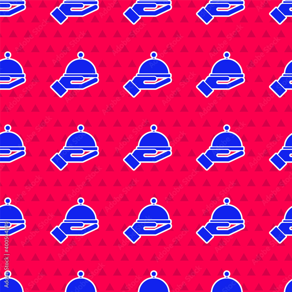 Blue Covered with a tray of food icon isolated seamless pattern on red background. Tray and lid sign