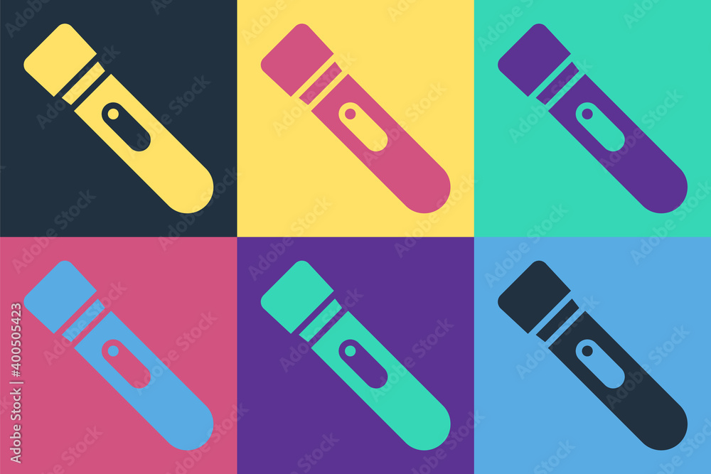 Pop art Flashlight icon isolated on color background.  Vector.