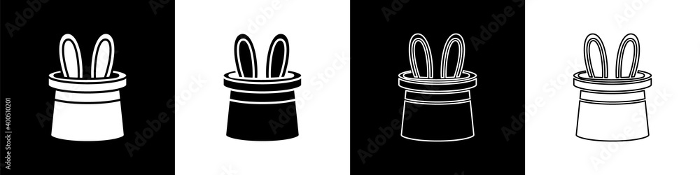 Set Magician hat and rabbit ears icon isolated on black and white background. Magic trick. Mystery e