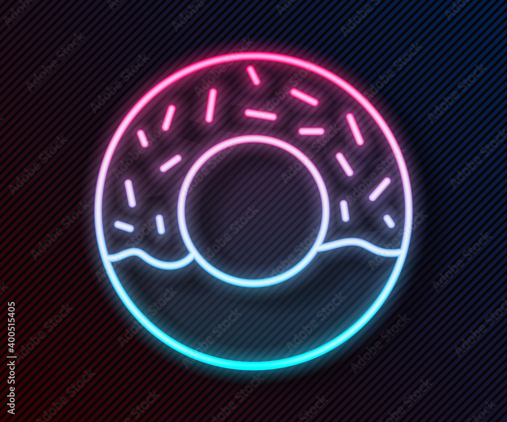 Glowing neon line Donut with sweet glaze icon isolated on black background.  Vector.