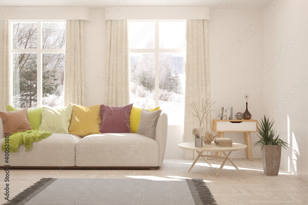 White living room with sofa and winter landscape in window. Scandinavian interior design. 3D illustr