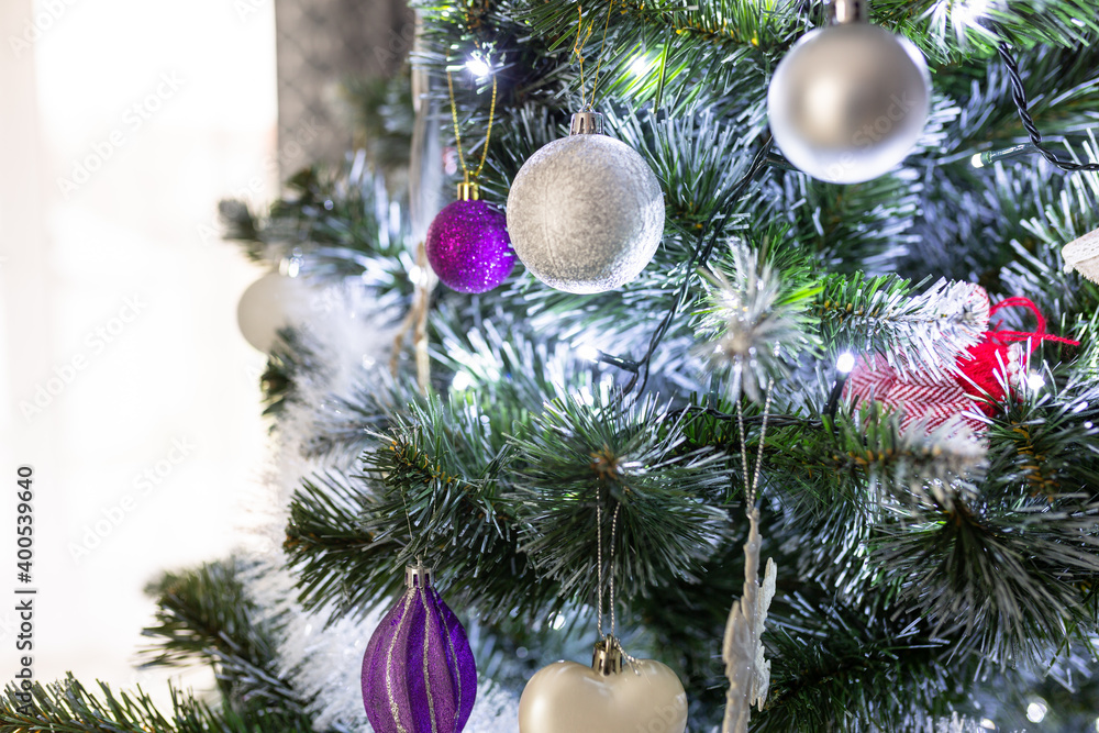 Christmas baubles on christmas tree