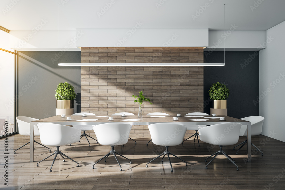 Contemporary meeting room interior with blank brick wall